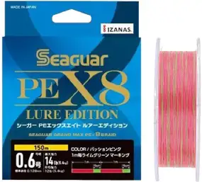 Шнур Seaguar Grandmax PE x8 Lure Edition 150m (red/lime green) #0.6/0.128mm 14lb/6.4kg