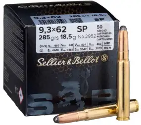 Патрон Sellier & Bellot кал. 9,3х62 пуля SP масса 18,5 г/ 285 гр. Нач. скорость 695 м/с